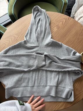 ALO Yoga Light Gray Ribbed Hoodie Sweater